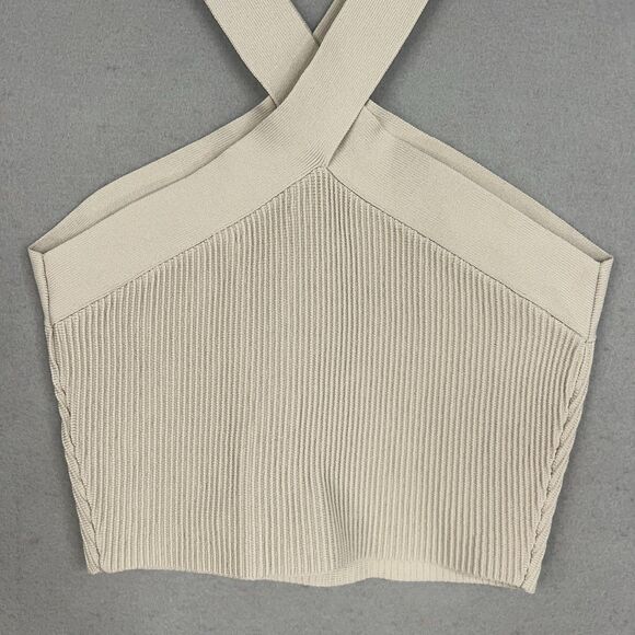 Aritzia Babaton Top Women Medium Tan Sculpt Knit Criss Cross Cropped Tank Halter - Picture 9 of 12
